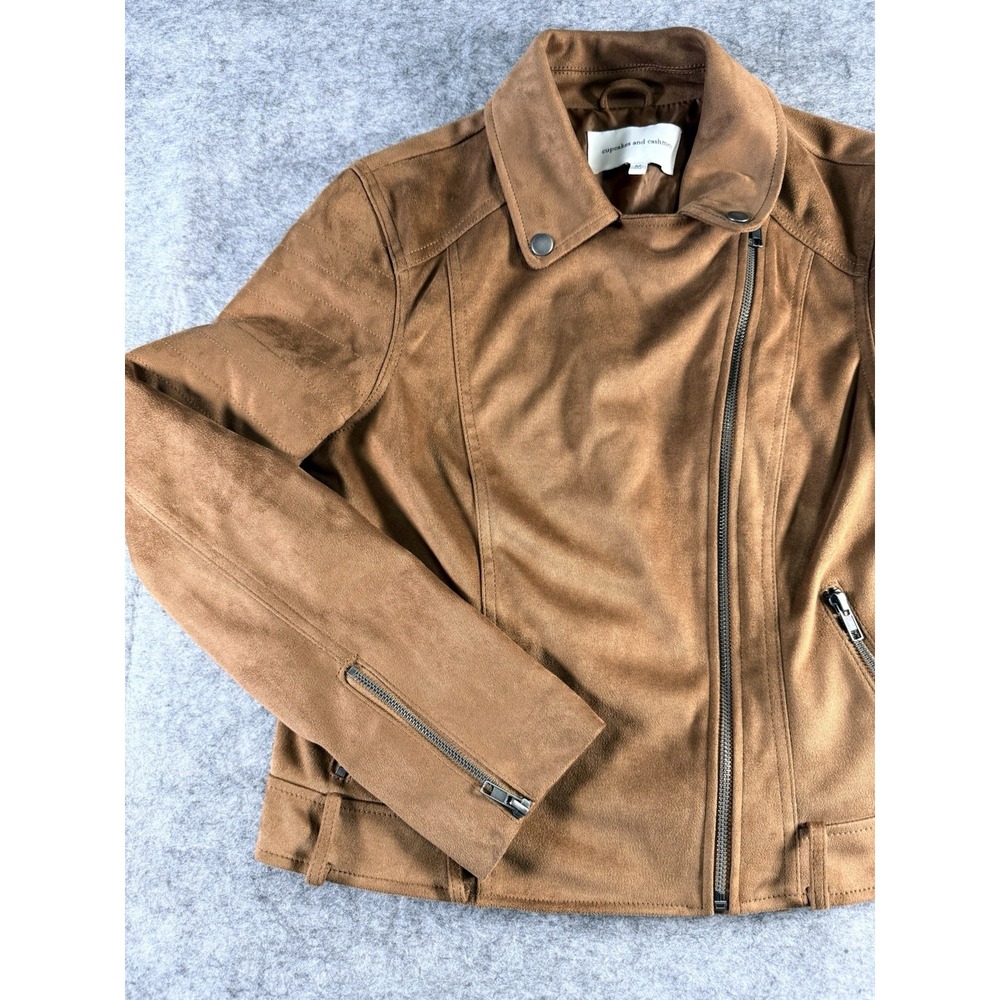 Cupcakes and Cashmere Brown Moto Jacket Womens Medium Cropped Biker Faux Suede - Picture 16 of 16